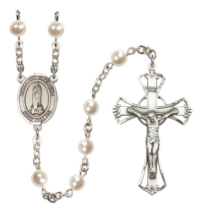 Silver Plated 6mm Cream, Imitation Pearl Our Lady of Kibeho Rosary with Pewter Centerpiece and Crucifix, Bliss Manufacturing
