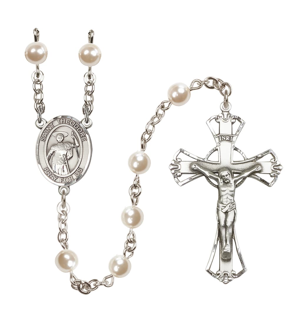 Bliss Manufacturing Silver Plated 6mm Cream, Imitation Pearl Saint Theodore Stratelates Rosary,