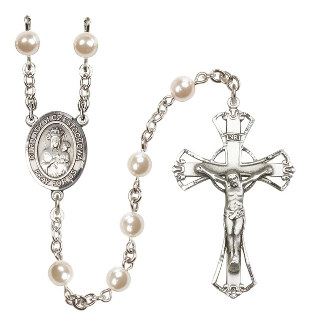 Bliss Silver Plated 6mm Cream, Imitation Pearl Our Lady of Czestochowa Rosary,