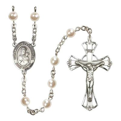 Silver Plated 6mm Cream, Imitation Pearl Our Lady of Czestochowa Rosary with Pewter Centerpiece and Crucifix, Bliss Manufacturing