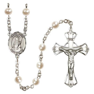 St. Lucy 6mm Faux Pearl Silver-plated Rosary with Pewter Centerpiece and Crucifix, Bliss Manufacturing