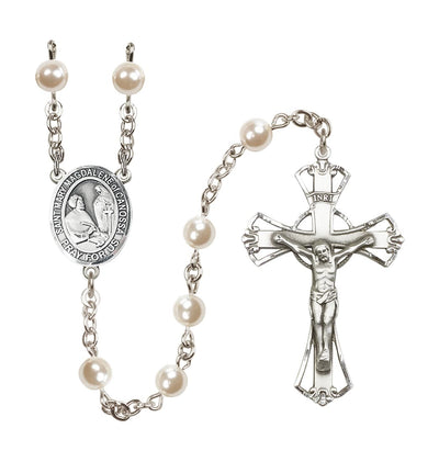 St Mary Magdalene of Canossa 6mm Faux Pearl Bead Rosary, silver-plated, Bliss Manufacturing