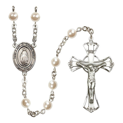 6mm Cream, Faux Pearl Our Lady of Good Help Rosary, Pewter Crucifix and Centerpiece. Made in USA, Bliss Manufacturing