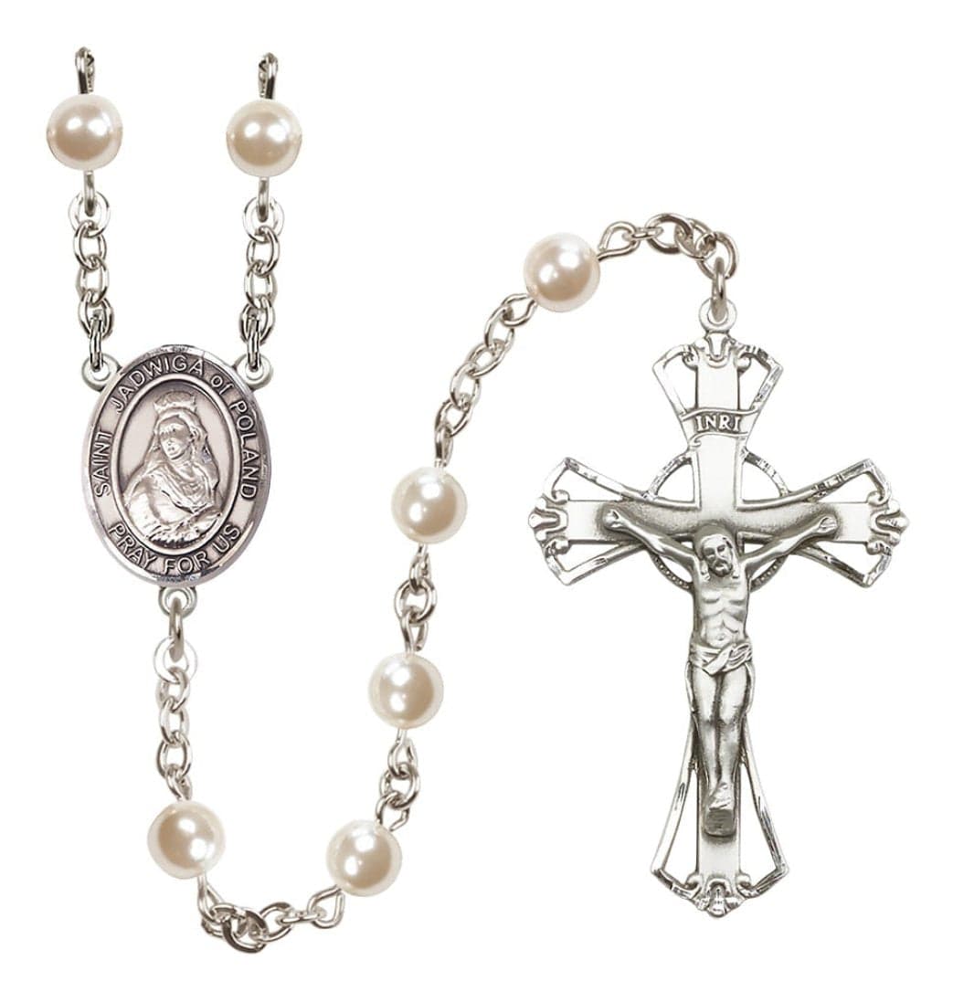 Bliss Silver Plated 6mm Cream, Imitation Pearl Saint Jadwiga of Poland Rosary,