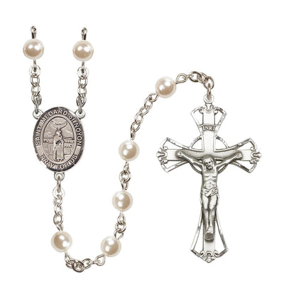 St Medard of Noyon 6mm Faux Pearl Bead Rosary, silver-plated, Bliss Manufacturing