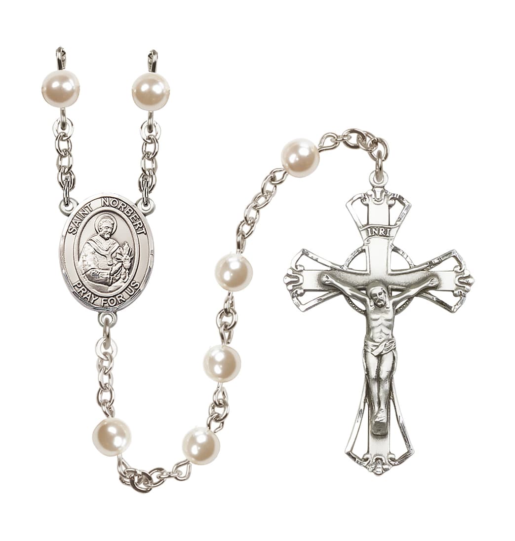 Bliss Silver Plated 6mm Cream, Imitation Pearl Saint Norbert of Xanten Rosary,