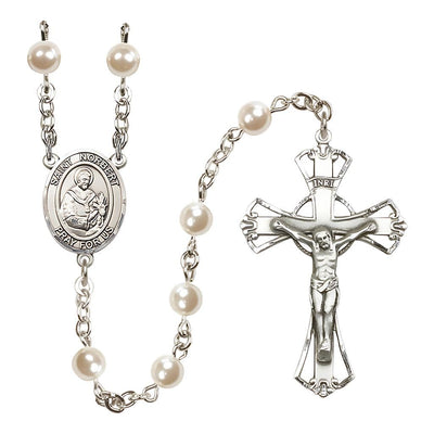 Silver Plated 6mm Cream, Imitation Pearl Saint Norbert of Xanten Rosary with Pewter Centerpiece and Crucifix, Made in USA, Bliss Manufacturing