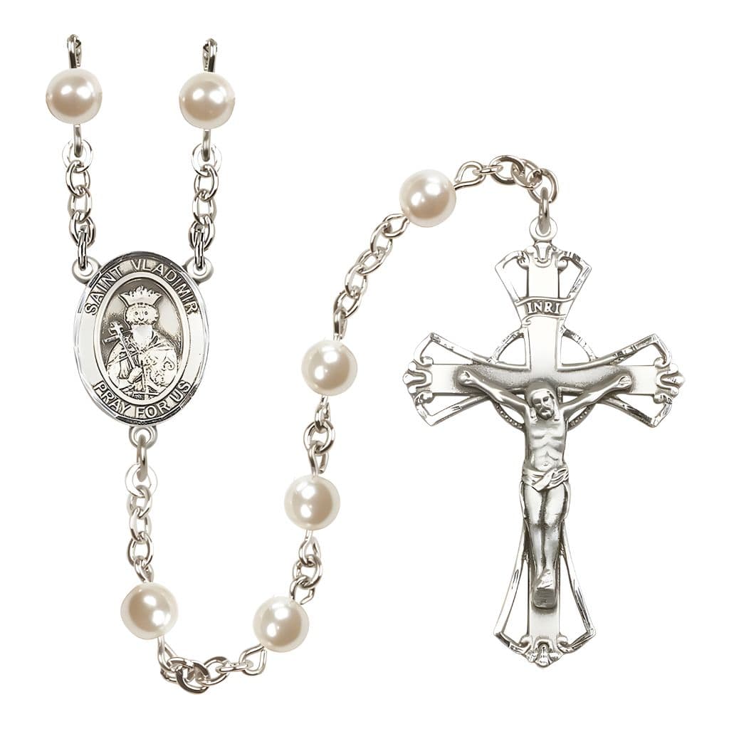 St. Vladimir 6mm Pearl Catholic Rosary with Pewter Centerpiece and Crucifix, Made in USA by Bliss