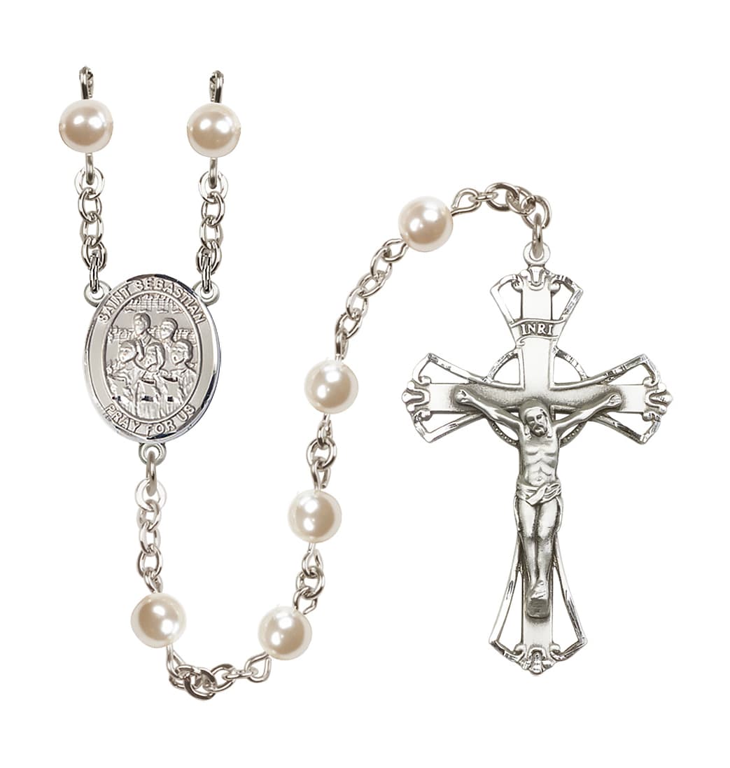 Bliss Saint Sebastian Choir 6mm Cream Faux Pearl Rosary,