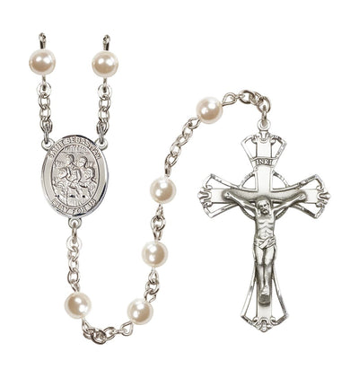 Saint Sebastian Choir 6mm Cream Faux Pearl Rosary with Pewter Centerpiece and Crucifix, Made in USA, Bliss Manufacturing
