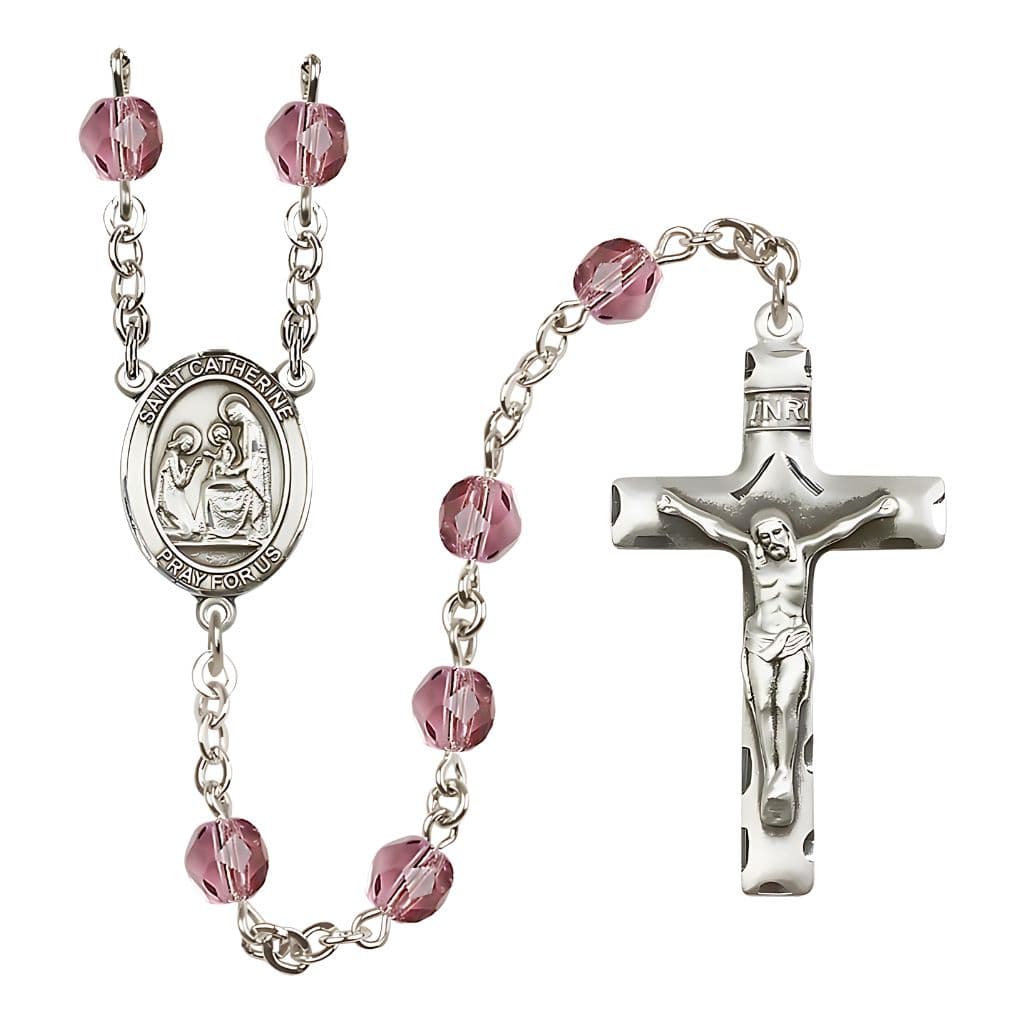 Bliss Saint Catherine of Siena Rosary Bracelet with Pewter Crucifix and Medal, Birthstone 6mm Fire Polished Amethyst Beads for February