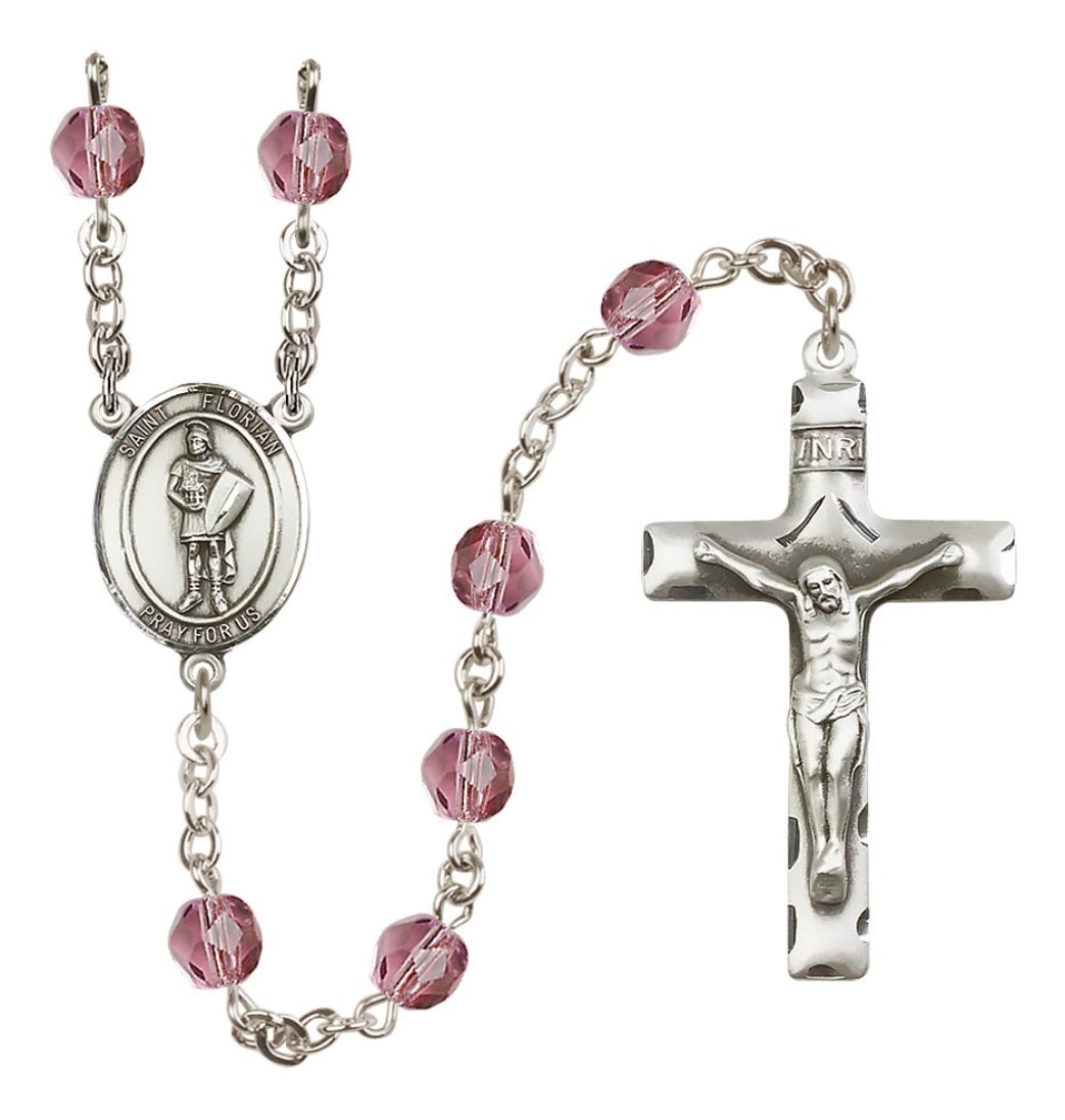 Bliss Oval St Florian Center Silver-Plated Crystal Birthstone Rosary in Amethyst Feburary Birthstone,