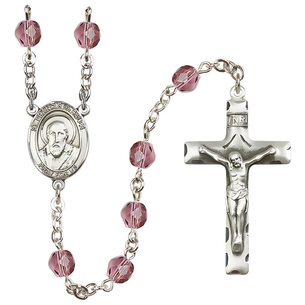 St. Francis de Sales 6mm Amethyst Silver-Plated Catholic Rosary, handmade in the USA,