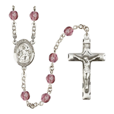 St. Gabriel the Archangel Engravable Rosary with Pewter Crucifix and Centerpiece, Birthstone 6mm Fire Polished Amethyst Beads for February, Bliss Manufacturing
