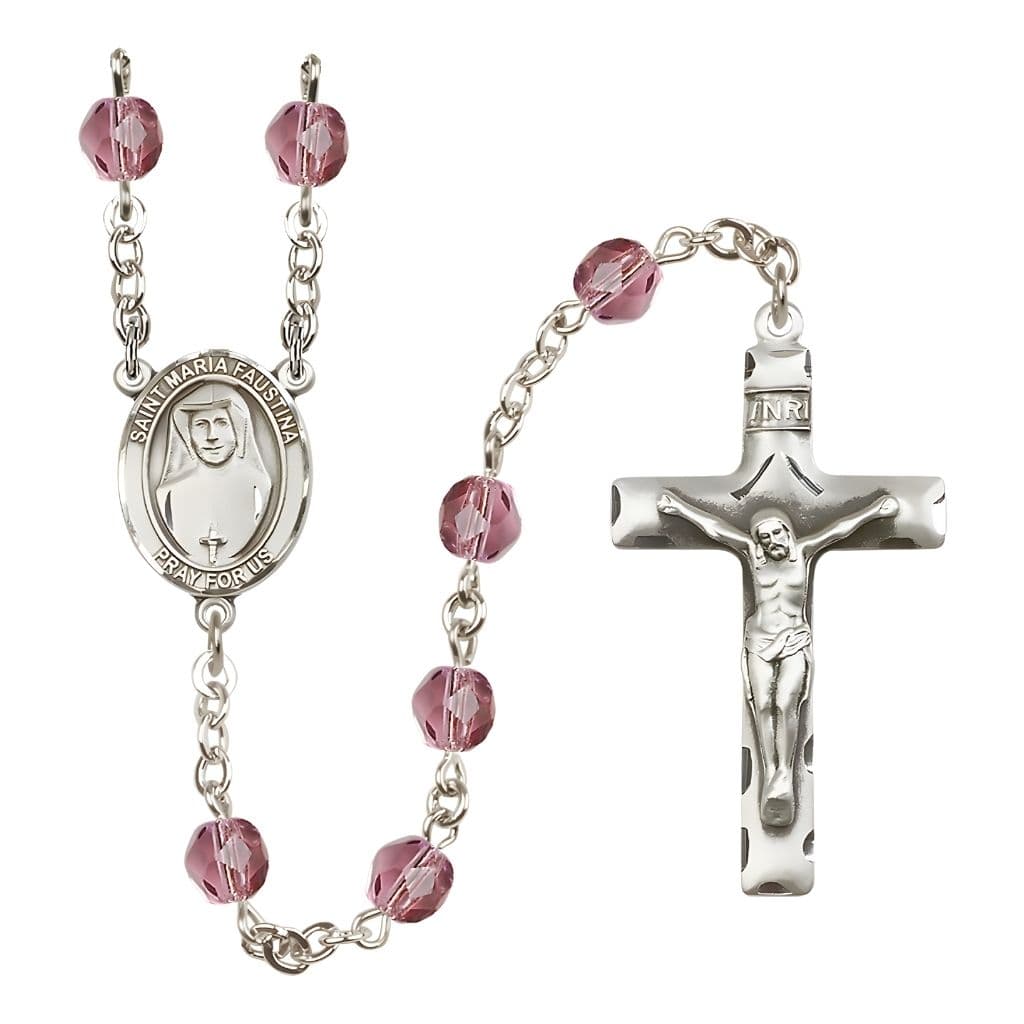 Bliss St. Maria Faustina Engraved Birthstone 6mm Amethyst Fire Polished Silver-plated Rosary with Pewter Centerpiece and Crucifix,