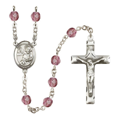 St. Mark the Evangelist Engravable Rosary with Pewter Crucifix and Centerpiece, Birthstone 6mm Fire Polished Amethyst Beads for February, Bliss Manufacturing