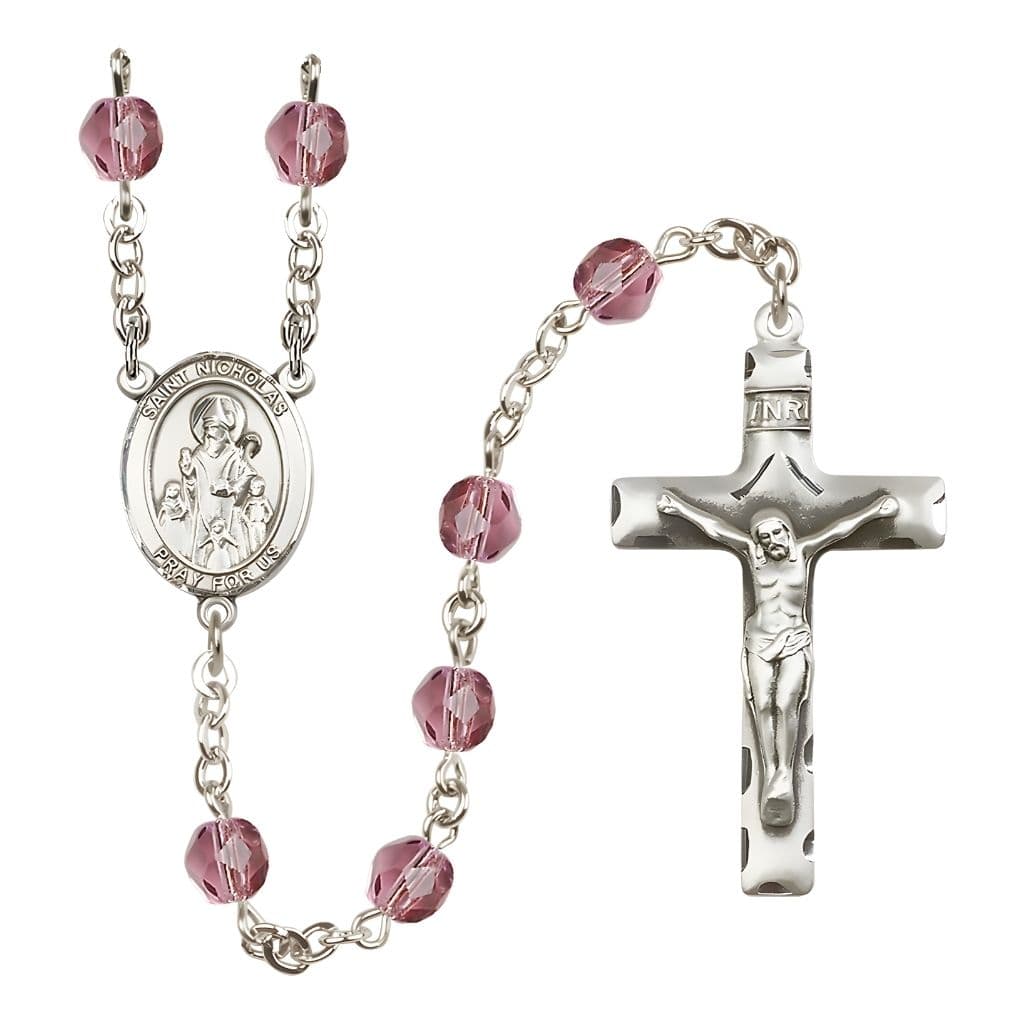 Bliss St. Nicholas Engravable Rosary with Pewter Centerpiece and Crucifix, February Birthstone 6mm Amethyst Fire Polish Beads