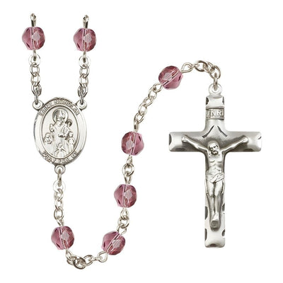St. Nicholas Engravable Rosary with Pewter Centerpiece and Crucifix, February Birthstone 6mm Amethyst Fire Polish Beads, Bliss Manufacturing