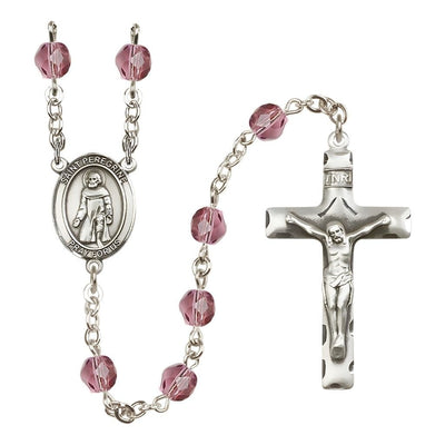 St. Peregrine Laziosi Engravable Rosary with Pewter Crucifix and Centerpiece, Birthstone 6mm Fire Polished Amethyst Beads for February, Bliss Manufacturing