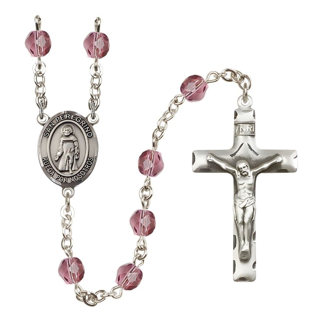 Bliss Spanish San Peregrino Engravable Rosary with Pewter Crucifix and Centerpiece, Birthstone 6mm Fire Polished Amethyst Beads for February