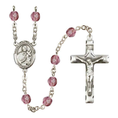Saint Martin de Porres Silver-plated Rosary with Traditional Pewter Crucifix and Centerpiece, Birthstone 6mm Fire Polished Amethyst Beads for February