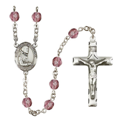 St. Padre Pio of Pietrelcina Engraved Birthstone Amethyst Fire Polished Rosary, Bliss Manufacturing