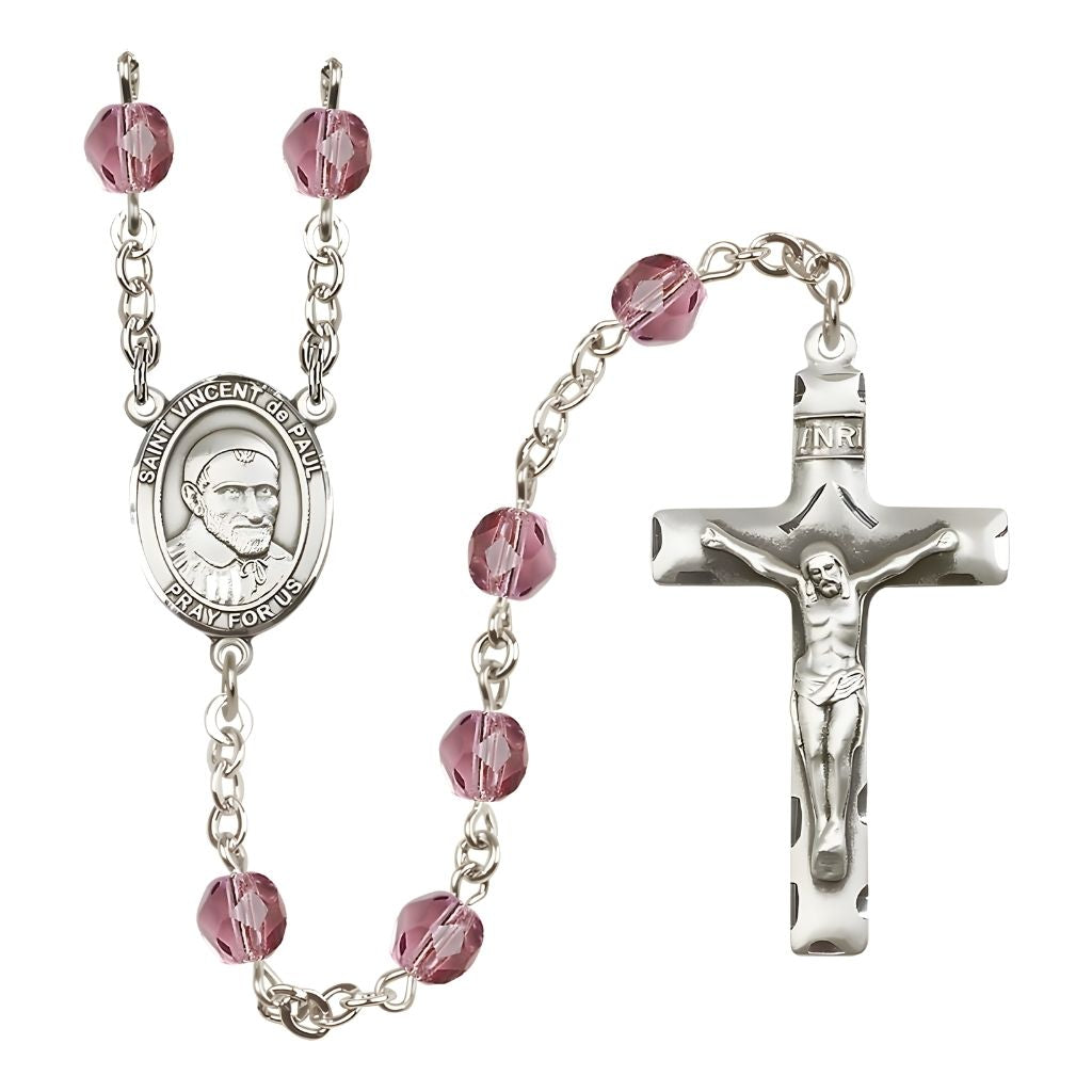 Bliss St. Vincent de Paul Engravable Rosary with Pewter Crucifix and Centerpiece, Birthstone 6mm Fire Polished Amethyst Beads for February