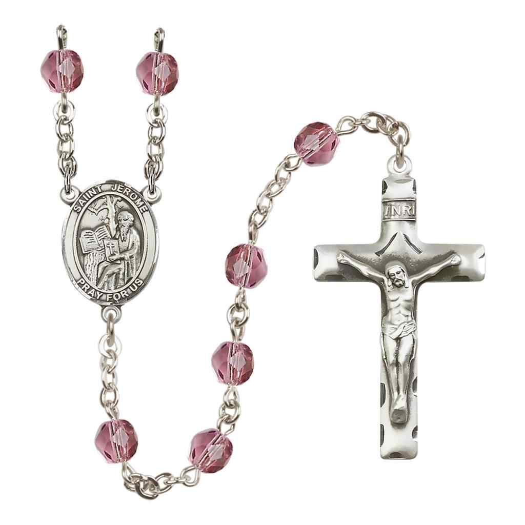 Saint Jerome Silver-plated Rosary with Pewter Crucifix and Centerpiece, Birthstone 6mm Fire Polished Amethyst Beads for February
