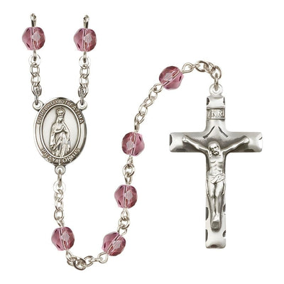Our Lady of Fatimas Engravable Rosary with Pewter Crucifix and Centerpiece, Birthstone 6mm Fire Polished Amethyst Beads for February, Bliss Manufacturing