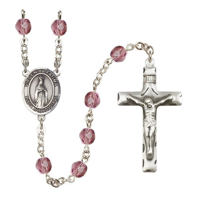 Spanish Virgen de Fatima Engravable Rosary with Pewter Crucifix and Centerpiece, Birthstone 6mm Fire Polished Amethyst Beads for February, Bliss Manufacturing