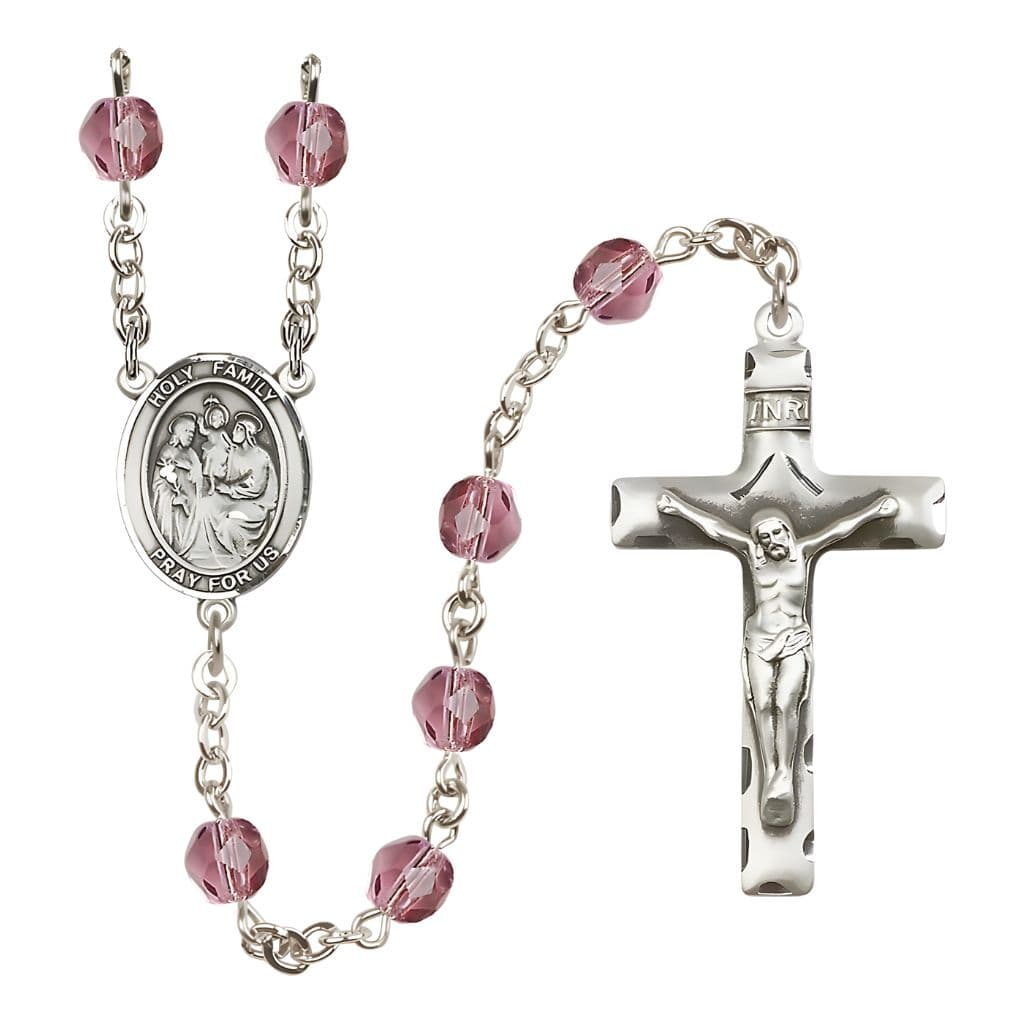 Bliss Holy Family Engravable Rosary with Pewter Crucifix and Centerpiece, Birthstone 6mm Fire Polished Amethyst Beads for February
