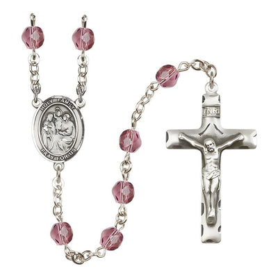 Holy Family Engravable Rosary with Pewter Crucifix and Centerpiece, Birthstone 6mm Fire Polished Amethyst Beads for February, Bliss Manufacturing