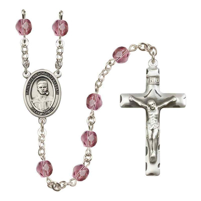 Saint Pier Giorgio Frassati Silver-plated Rosary with Traditional Pewter Crucifix and Centerpiece, Birthstone 6mm Fire Polished Amethyst Beads for February
