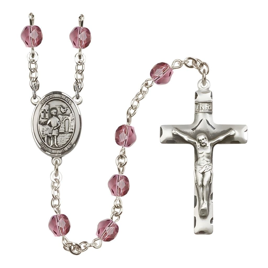 Bliss St. Vitus Engravable Rosary with Pewter Crucifix and Centerpiece, Birthstone 6mm Fire Polished Amethyst Beads for February