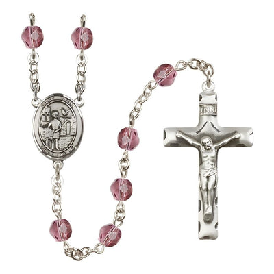 St. Vitus Engravable Rosary with Pewter Crucifix and Centerpiece, Birthstone 6mm Fire Polished Amethyst Beads for February, Bliss Manufacturing
