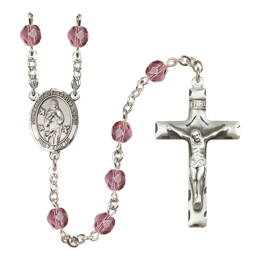 Our Lady of Assumption Engraved Birthstone 6mm Amethyst Fire Polished Silver-plated Rosary with Pewter Centerpiece and Crucifix