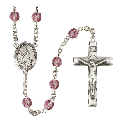 Our Lady of Assumption Engraved Birthstone 6mm Amethyst Fire Polished Silver-plated Rosary with Pewter Centerpiece and Crucifix, Bliss Manufacturing