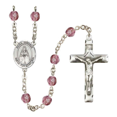 Spanish Rosa Mystica Silver-plated Rosary with Pewter Crucifix and Centerpiece, Birthstone 6mm Fire Polished Amethyst Beads for February