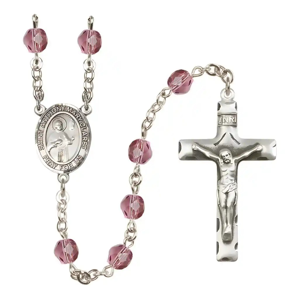 Saint Anthony Mary Claret Silver-plated Rosary with Pewter Crucifix and Centerpiece, Birthstone 6mm Fire Polished Amethyst Beads for February