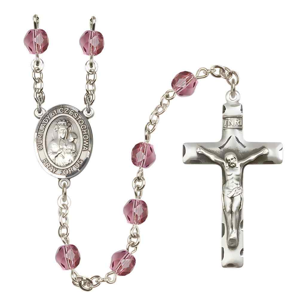 Our Lady of Czestochowa Silver-plated Rosary with Pewter Crucifix and Centerpiece, Birthstone 6mm Fire Polished Amethyst Beads for February