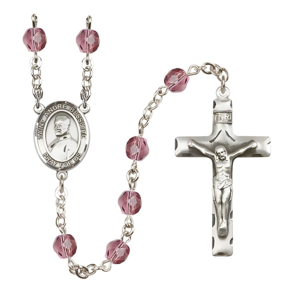 Bliss St. Andre Bessette Engravable Rosary with Pewter Crucifix and Centerpiece, Birthstone 6mm Fire Polished Amethyst Beads for February