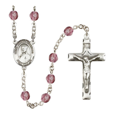 St. Andre Bessette Engravable Rosary with Pewter Crucifix and Centerpiece, Birthstone 6mm Fire Polished Amethyst Beads for February, Bliss Manufacturing