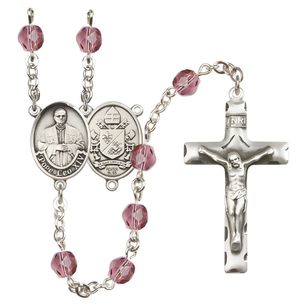 Bliss Pope Leo XIV Birthstone Engravable Rosary with Pewter Center and Crucifix, 6mm Fire Polished Beads in Amethyst for February