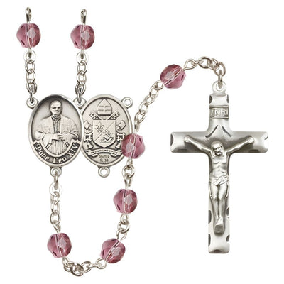 Pope Leo XIV Birthstone Engravable Rosary with Pewter Center and Crucifix, 6mm Fire Polished Beads in Amethyst for February, Bliss Manufacturing