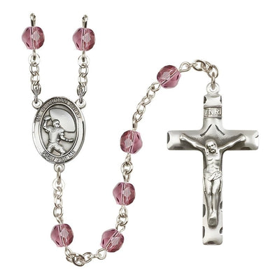 Guardian Angel Football Engravable Rosary with Pewter Crucifix and Centerpiece, Birthstone 6mm Fire Polished Amethyst Beads for February, Bliss Manufacturing