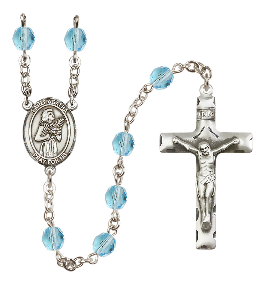 Bliss Silver Plated 6mm Fire Polished Saint Agatha Rosary in Aqua,