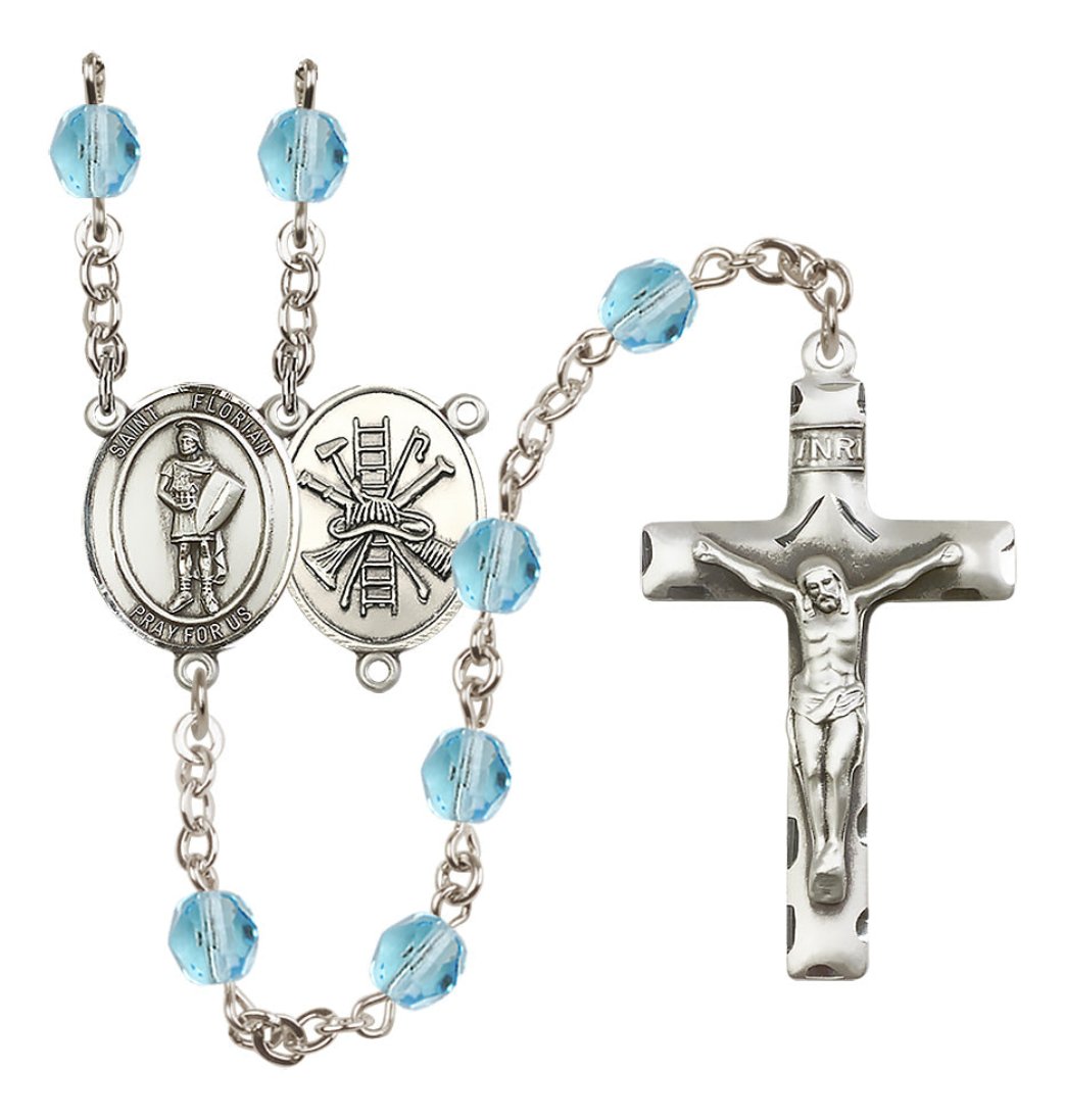 Bliss St Florian w/Firefighter Center Silver-Plated Aqua Crystal March Birthstone Rosary,