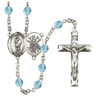St Florian w/Firefighter Center Silver-Plated Aqua Crystal March Birthstone Rosary, Bliss Manufacturing