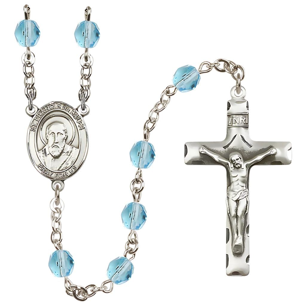 St. Francis de Sales 6mm Aqua Silver-Plated Catholic Rosary, handmade in the USA,