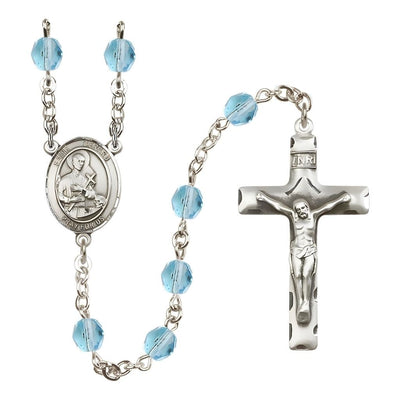 St. Gerard Majella Engravable Rosary with Pewter Crucifix and Centerpiece, Birthstone 6mm Fire Polished Aqua Beads for March, Bliss Manufacturing